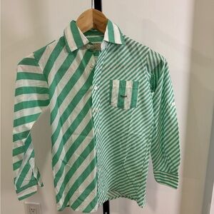 Mint Green and White Button Down Shirt with Geometric Stripes